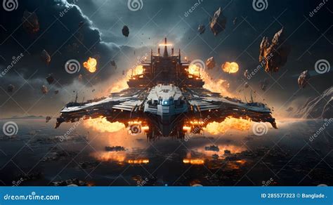 Futuristic Battle Scene with a Battleship. Galactic Futuristic Sci-Fi ...