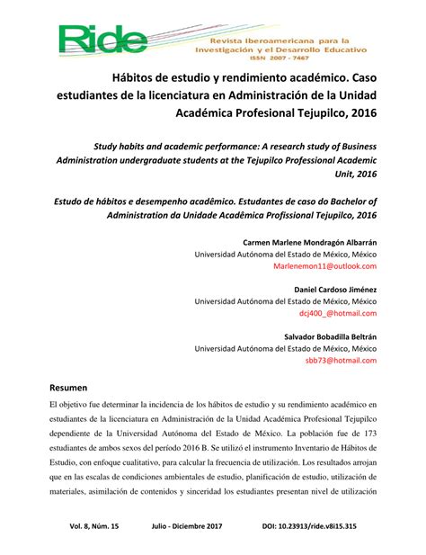 PDF Hábitos de estudio y rendimiento académico Caso estudiantes de