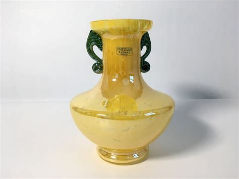 Vintage Murano Art Glass Vase Yellow W Green Handles Mid Century Home Decor Murano Sticker