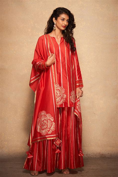 Buy Gulabo By Abu Sandeep Red Pure Chanderi Silk Placement Gota Patti