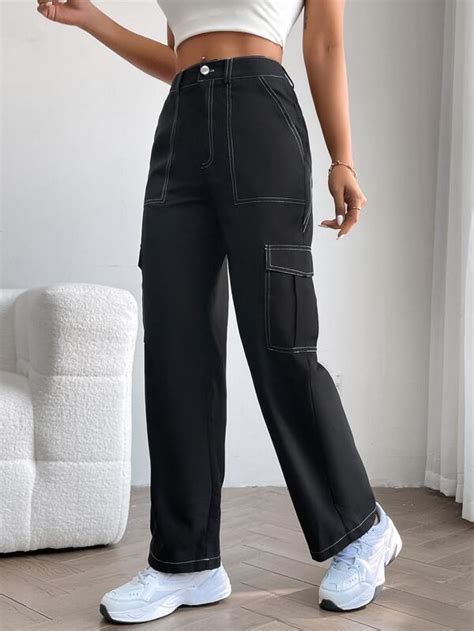 Shein Petite Pantalones Cargo De Talle Alto Con Puntada Con Bolsillo