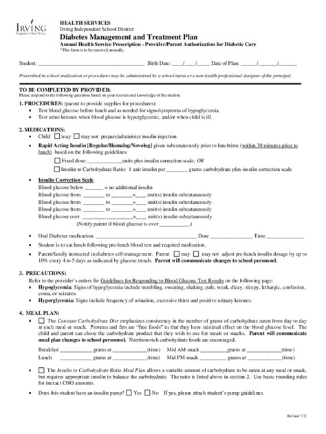 Fillable Online Diabetes Management And Treatment Plan Irving ISD Fax