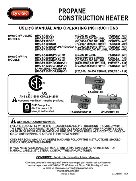 Fillable Online Dyna Glo Delux User S Manual And Operating Instructions