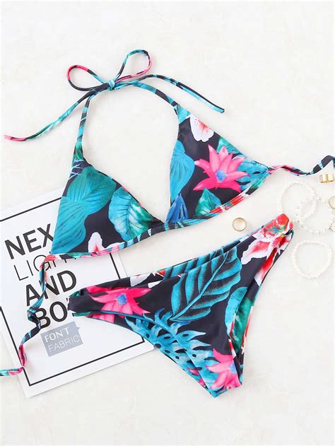 Tropical Print Halter Bikini Set Shein Sheinside