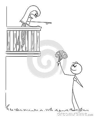 Lover Confessing Love To Girl On Balcony She Refuse Vector Cartoon