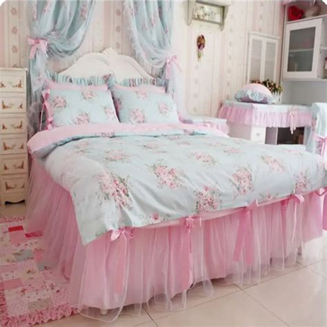 Elegant Lace Bed Skirt Princess Bedding Set King Queen Size 4pcs Flower