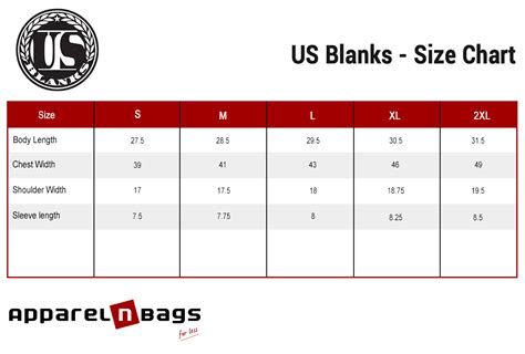 US Blanks - Size Chart - ApparelnBags.com