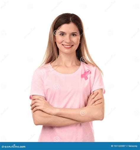 Mujer Hermosa Con La Cinta Rosada En El Fondo Blanco Concepto Del C