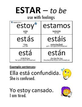 Emociones Vocabulary List and ESTAR Conjugation Chart by Farrell Boone