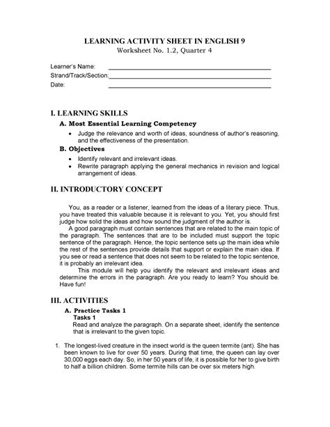 Grade 9 English Q4 Las 1 Learning Activity Sheet In English 9 Worksheet No 1 Quarter 4