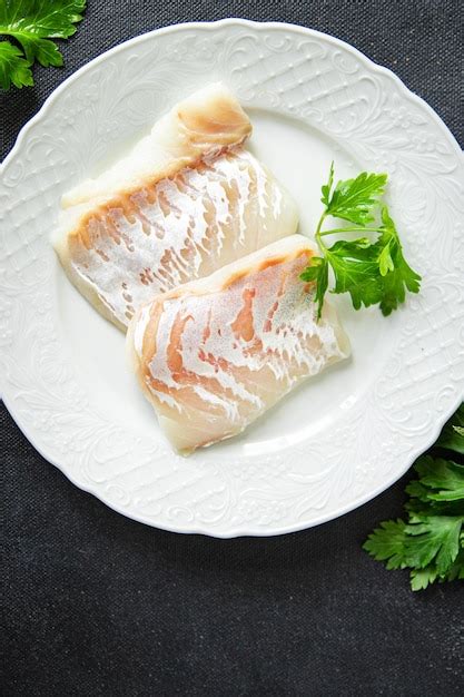 Bacalao Pescado Filete Blanco Comida Fresca Comida Bocadillo En La Mesa