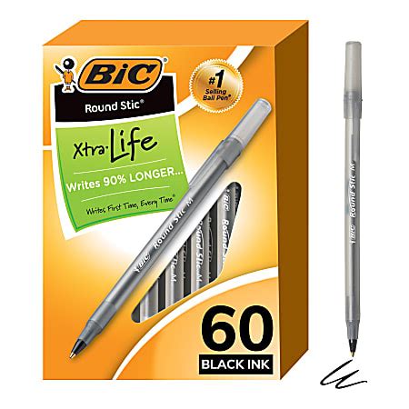 BIC Round Stic Ballpoint Pens Medium Point 1.0 mm Translucent Barrel Black Ink Pack Of 60 Pens ...