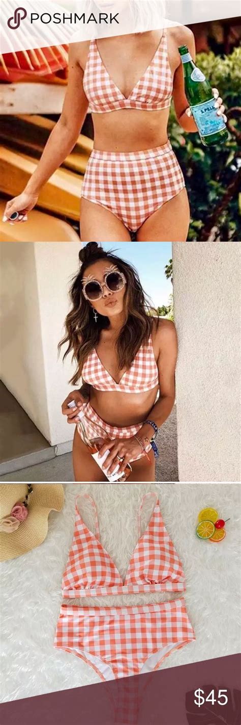 Clearance Orange Gingham High Waisted Bikini Swimsuit High Waisted