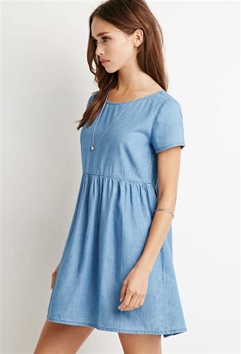 Lyst Forever 21 Chambray Babydoll Dress In Blue