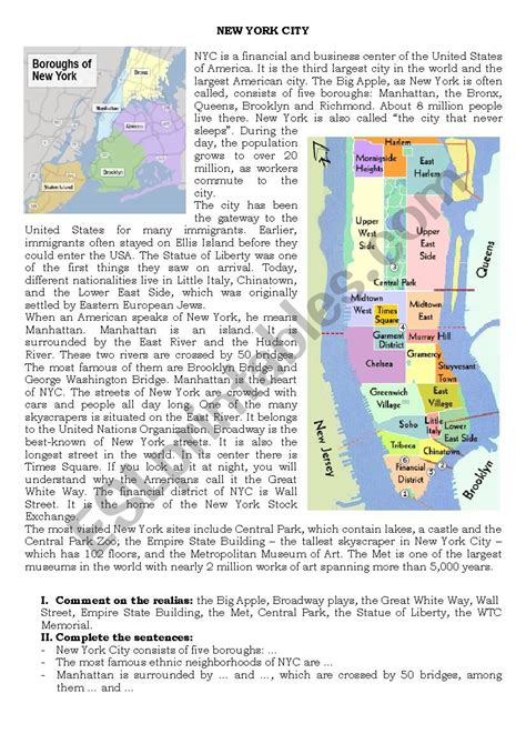 New York Esl Worksheet By Jolar