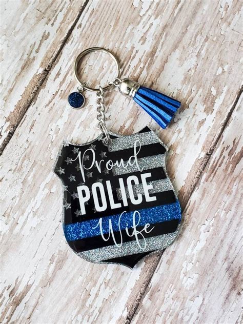 Proud Police Wife Thin Blue Line Glitter Keychain Police Etsy