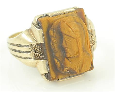 Vintage Tiger Eye Double Centurion Cameo Ring 10K Yellow Gold Men S