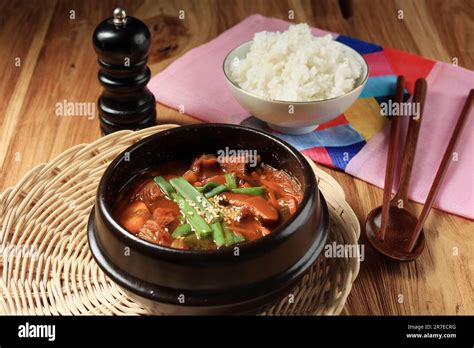 Kimchi Soup In Hot Black Iron Pot Korean Traditional Kimchi Jjigae Soup Japanese Hot Pot Food