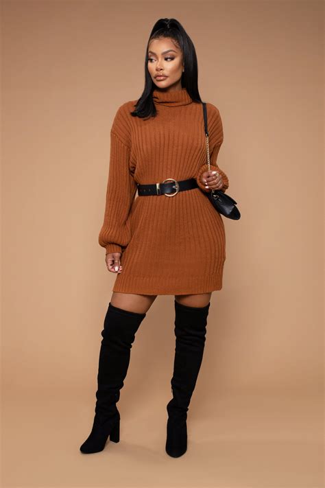 Too Cozy Turtle Neck Sweater Dress Cognac Fashion Nova Turtle