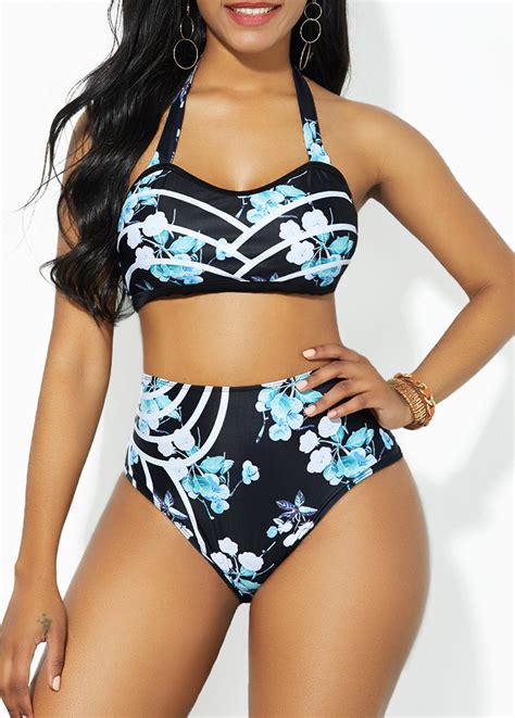 High Waist Halter Neck Floral Print Bikini Set Rosewe Usd