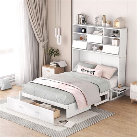 Harper & Bright Designs Versatile White Wood Frame Queen Size Murphy Bed with Bookcase, 2 ...