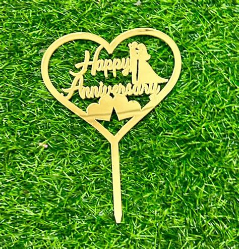 Golden 1 Piece Heart Happy Anniversary Acrylic Cake Topper Packaging