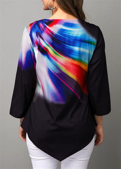 Dazzle Color Asymmetric Hem Printed T Shirt Modlily USD 17 99