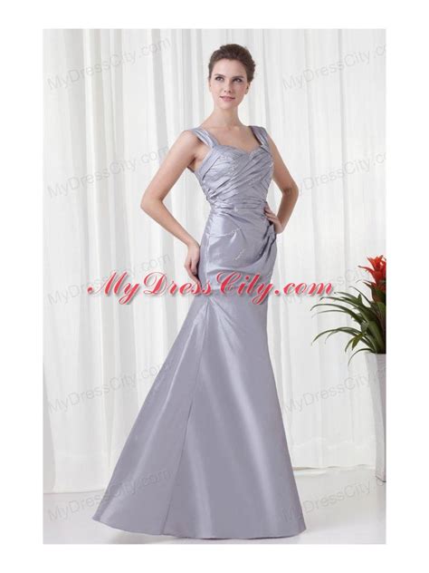 Grey Column Straps Taffeta Beading And Ruching Prom Dress MyDressCity