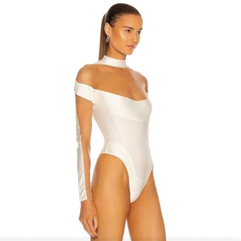 Mugler Tops New Mugler Illusion Long Sleeve Bodysuit In White Nude