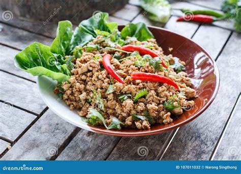 Thai Food Ground Pork Salad Or Spicy Minced Pork Salad Stock Photo