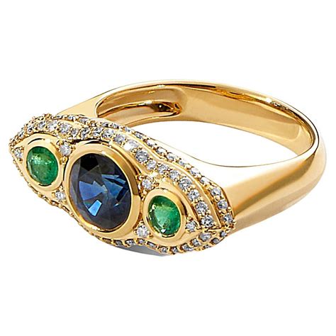 Syna Yellow Gold London Blue Topaz Emeralds Rubies And Diamond Ring