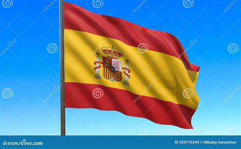 Flag Of Spain Waving In The Wind On Flagpole Against The Sky D