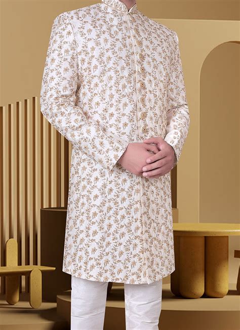 Buy White Art Silk Hand Work Embroidered Sherwani Wedding Wear Online