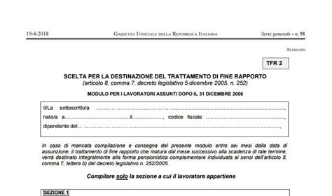 Modulo TFR 2 Cambia Il Modello Per La Destinazione Del TFR