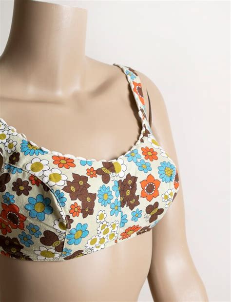 Vintage 1960s Bikini Top Floral Flower Power Print Gem