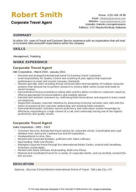 Corporate Travel Agent Resume Samples Qwikresume