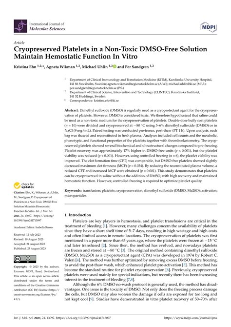 PDF Cryopreserved Platelets In A Non Toxic DMSO Free Solution