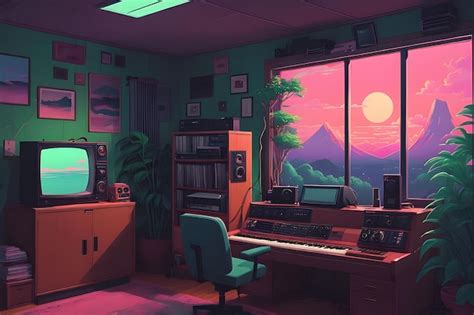 Chill Lofi Workspace With Sunset View Premium Ai Generated Image