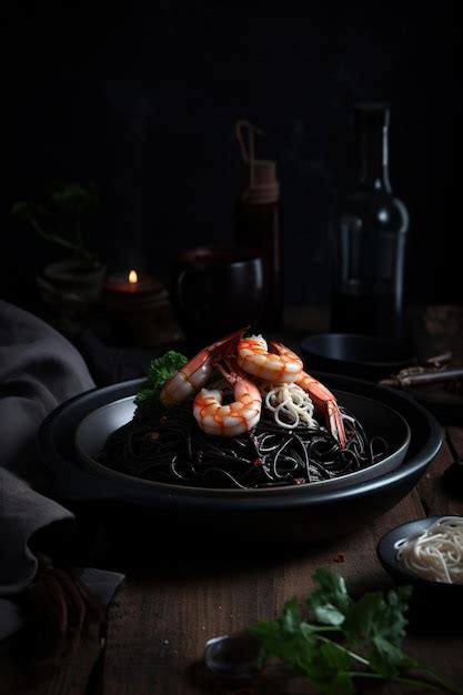 Premium Ai Image Close Up Of Pasta With Cuttlefish Ink And Shrimps