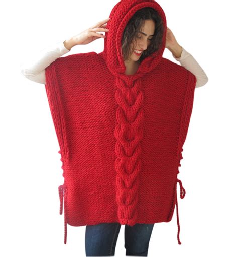 Red Plus Size Cable Knit Poncho With Hoodie By Afra Etsy