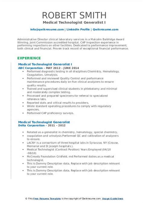 Medical Technologist Generalist Resume Samples Qwikresume