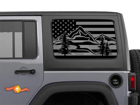 Jeep Wrangler Rubicon Hardtop USA Flag Mountains Forest Windshield