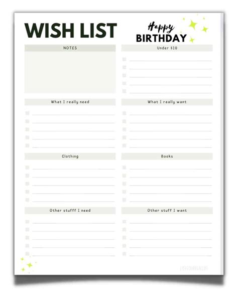 Birthday Wish List Template