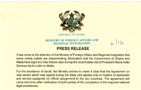 Press Release Ministry Of Foreign Affairs And Regional Integration