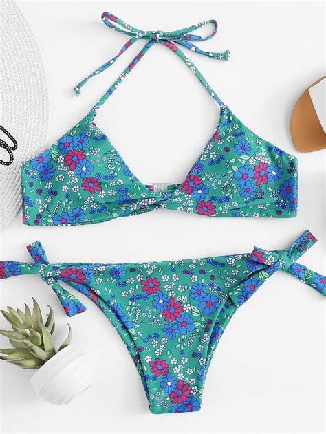 Twist Front Knot Side Floral Bikini Set SheIn Sheinside With Images