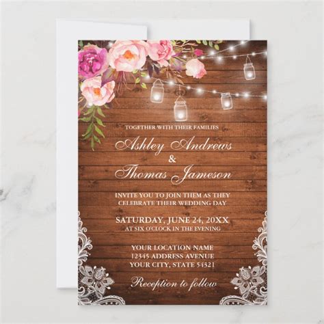 Rustic Wedding Wood Lights Jars Lace Pink Floral Invitation Zazzle