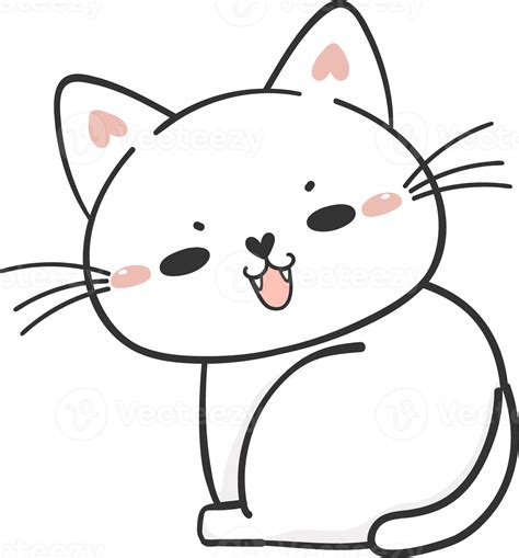 Cute Funny Happy White Kitten Cat Cartoon Character Doodle Drawing