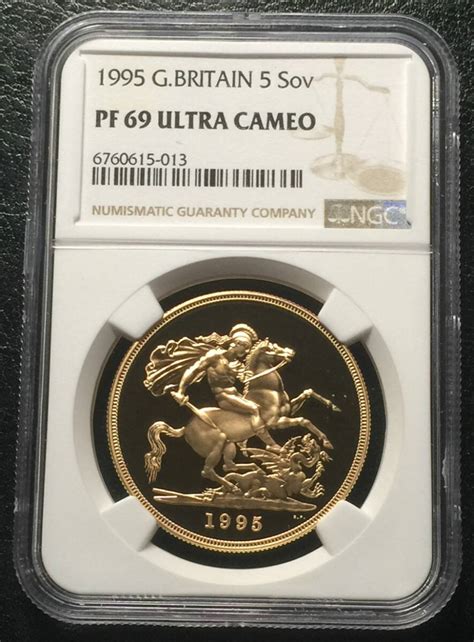 イギリス 1995年 5ポンド 金貨 エリザベス2世 第二肖像 NGC PF69UC 製造718枚 特年 ヨーロッパ 売買されたオークション