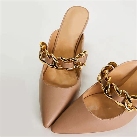 Nude Vegan Leather Closed Toe Kitten Heel Mules With Chain