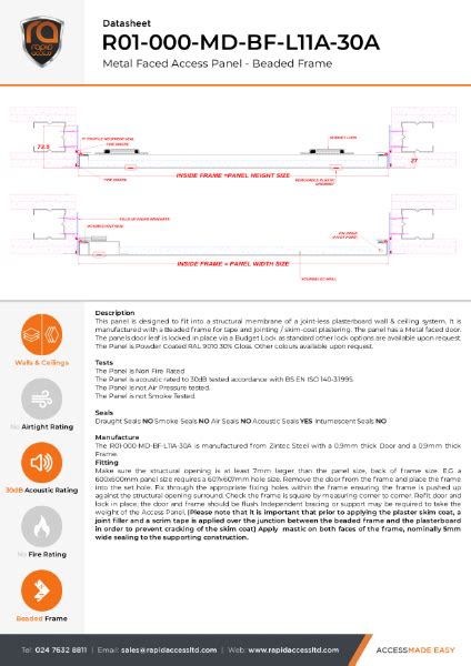 Datasheet Slim Fit Access Panel Non Fire Rated 30dB Acoustic Beaded